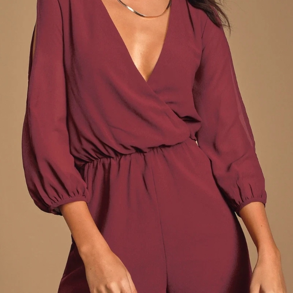 Lulu's Burgundy V-Neck Long Sleeve Jumpsuit